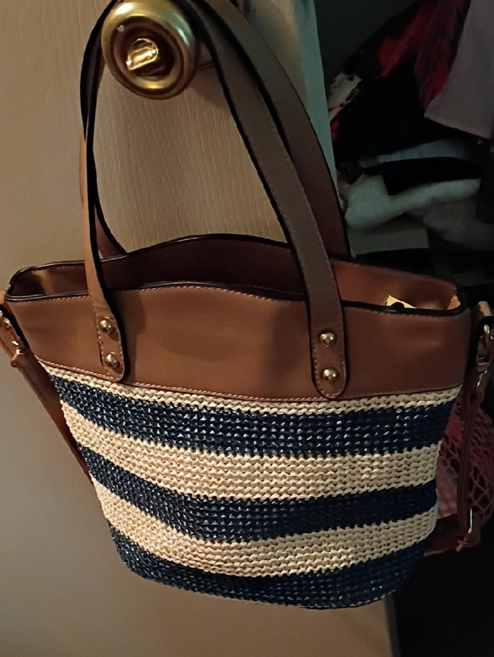 Brown & Navy Striped Straw Tote Bag
